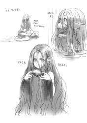  +_+ 1girl afloat amabie barefoot big_hair borrowed_character cloak closed_eyes closed_mouth commentary cropped_torso eyelashes fins full_body greyscale hair_between_eyes hand_up head_fins highres holding holding_mask jun_(navigavi) long_hair looking_to_the_side looking_up mask mask_pull monochrome mouth_mask multiple_views original riding riding_animal simple_background sitting sketch sleeping translation_request turtle very_long_hair wariza wet white_background 