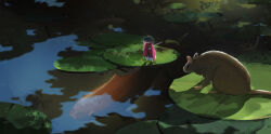  1girl bowl bowl_hat commentary_request day fish haruaki_(onkai_planaria) hat japanese_clothes kimono lotus_leaf mini_person minigirl mouse_(animal) needle needle_sword obi outdoors pink_kimono purple_hair sash shadow solo sukuna_shinmyoumaru touhou water 
