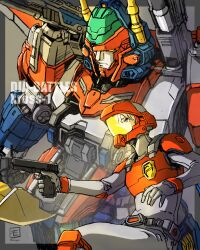  1boy absurdres aiming armor blonde_hair bodysuit border commentary_request diabattles diaclone glock grey_bodysuit grey_border gun handgun helmet highres holding holding_gun holding_weapon looking_ahead mecha mecha_pilot_suit moyan outside_border outstretched_arm pilot_helmet robot science_fiction shoulder_cannon space_helmet spacesuit super_robot trigger_discipline twitter_username weapon yellow_eyes 