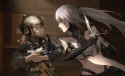  blonde_hair english_commentary gewehrbroker girls_frontline glock grig_(girls'_frontline) gun gun_sling handgun highres indoors looking_at_another scar-l_(girls'_frontline) tactical_clothes weapon weapon_request white_hair 