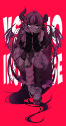  1girl absurdres ahoge broken_horn closed_mouth colored_skin commentary cyborg demon_girl demon_horns diamond-shaped_pupils diamond_(shape) extra_mouth facial_mark full_body heart heart_ahoge heart_facial_mark highres horns ironmouse long_hair looking_at_viewer mechanical_arms mechanical_horns mechanical_legs mocha4039 multicolored_hair pink_hair pointy_ears purple_hair purple_streaks single_mechanical_arm single_mechanical_leg sitting solo streaked_hair symbol-shaped_pupils thigh-highs tongue torn_clothes torn_thighhighs very_long_hair violet_eyes virtual_youtuber vshojo white_skin 