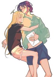  2girls ahoge ahoge_wag black_shirt blonde_hair blue_shorts cho_kaguya-hime! commentary_request couple expressive_hair green_shirt hug jewelry kaguya_(cho_kaguya-hime!) kanaha_lazy long_hair multiple_girls pink_shorts purple_hair ring sakayori_iroha shirt short_hair shorts simple_background wedding_ring white_background wife_and_wife yuri 