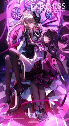  2girls absurdres bat_wings black_gloves black_hair black_hat black_thighhighs blue_eyes brown_hair chair columbina_(big_bad_vampire)_(genshin_impact) columbina_(genshin_impact) commission dress elbow_gloves full_body genshin_impact gloves hand_on_another's_shoulder hat head_wings high_heels highres holding_another's_arm huojimianjiadan long_hair lying lying_on_person multicolored_hair multiple_girls official_alternate_costume purple_hair purple_streaks purple_wings sandrone_(genshin_impact) sandrone_(vampire_hunter)_(genshin_impact) shirt short_hair_with_long_locks sitting streaked_hair thigh-highs two-tone_hair vampire violet_eyes white_dress white_shirt wings 