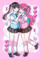  2girls :3 black_eyes black_hair black_shoes blonde_hair blue_bow blue_bowtie blue_hair blue_nails bow bowtie brown_shoes brown_skirt colored_inner_hair commentary ear_piercing grey_skirt highres inkya_gyaru_demo_ikigaritai! kuran_arisa loafers long_hair mitau multicolored_hair multiple_girls nail_polish ogino_ichiko one_eye_closed open_mouth piercing pink_nails pink_sweater_vest plaid_clothes plaid_skirt shoes skirt sweater_vest twintails unmoving_pattern untranslatable_commentary 
