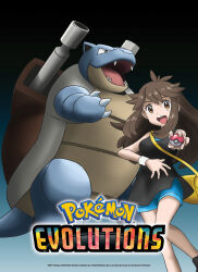  1girl absurdres artist_request bag black_shirt blastoise blue_shorts breasts brown_eyes brown_hair claws company_name copyright_logo copyright_name copyright_notice eyelashes fangs gradient_background green_(pokemon) hair_flaps handbag highres holding holding_poke_ball logo long_hair official_art open_mouth poke_ball poke_ball_(basic) pokemon pokemon:_let's_go_pikachu!_and_let's_go_eevee! pokemon_(creature) pokemon_evolutions poster_(medium) second-party_source shirt short_shorts shorts sidelocks simple_background sleeveless sleeveless_shirt smile teeth upper_teeth_only wristband yellow_bag 