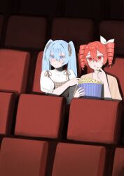  2girls black_ribbon blouse blue_eyes blue_hair blue_nails bow brown_dress chewing dating double-parted_bangs dress drill_hair eating food hair_between_eyes hatsune_miku highres holding holding_food jewelry julie_(rolleybun) kasane_teto light_blush movie_theater multiple_girls necklace plaid_clothes plaid_dress popcorn red_eyes red_hair red_nails ribbon shirt spaghetti_strap synthesizer_v theater_seating twin_drills twintails twitter_username utau vocaloid white_bow white_shirt yuri 