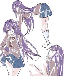  1girl bent_over blazer blue_skirt blush bow bowtie brown_jacket brown_sweater_vest closed_mouth collared_shirt commentary covering_own_mouth cropped_legs doki_doki_literature_club english_commentary finger_to_own_chin hair_between_eyes hair_intakes hair_ornament hairclip hand_on_own_chin hand_on_own_hip highres jacket kneehighs knees_up long_hair long_sleeves looking_at_viewer multiple_views neck_ribbon pleated_skirt purple_hair rachel_campbell red_bow red_bowtie red_ribbon ribbon school_uniform shirt shoes simple_background sitting skirt smile socks standing sweater_vest thinking uwabaki very_long_hair violet_eyes white_background white_shirt white_socks yuri_(doki_doki_literature_club) 