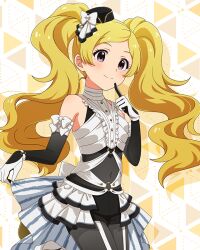  1girl black_gloves black_hat black_shorts blonde_hair bow card_commentary closed_mouth commentary_request cowboy_shot elbow_gloves emily_stewart finger_to_own_chin game_asset gloves grey_pantyhose hat hat_bow idolmaster idolmaster_million_live! idolmaster_million_live!_theater_days index_finger_raised long_hair looking_at_viewer mini_hat monster!_skeleton_(idolmaster) navel official_alternate_costume official_art pantyhose shorts smile solo standing third-party_source twintails violet_eyes white_bow white_gloves 