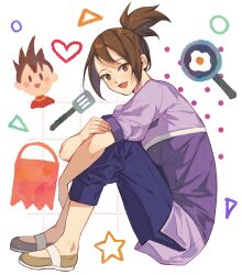  1boy 1girl :d absurdres blue_pants brown_eyes brown_hair brown_shoes commentary_request commission dotted_line fried_egg frying_pan geo_stelar_(mega_man) heart highres hope_stelar_(mega_man) hugging_own_legs knees_up mega_man_(series) mega_man_star_force_(series) numbers_(pigpenandpaper) pants ponytail puffy_short_sleeves puffy_sleeves purple_shirt red_shirt shirt shoes short_sleeves sitting smile solo_focus spatula vgen_commission white_background 