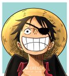  1boy artist_name black_cape black_hair cape drawing eyepatch greciiagzz hat highres monkey_d._luffy one_piece pirate scar scar_on_cheek scar_on_face short_hair smile solo solo_focus straw_hat teeth web_address 