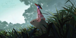  1girl antenna_hair artist_name bowl bowl_hat commentary_request day grass haruaki_(onkai_planaria) hat japanese_clothes kimono long_sleeves mini_person minigirl mouse_(animal) needle needle_sword obi outdoors pink_kimono purple_hair sash short_hair solo sukuna_shinmyoumaru touhou wide_sleeves 