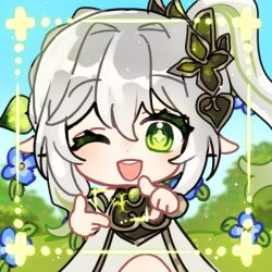  1girl armlet asymmetrical_sidelocks blue_flower blue_sky blurry blurry_background braid bush clear_sky colored_eyelashes cross-shaped_pupils detached_sleeves dress finger_frame flower genshin_impact gold_armlet gold_trim green_eyes green_hair green_pupils green_sleeves hair_between_eyes hair_intakes hair_ornament half_crown_braid hands_up heart heart_hair_ornament jewelry leaf leaf_hair_ornament long_hair looking_at_viewer multicolored_hair nahida_(genshin_impact) new_nero one_eye_closed open_mouth outdoors pointy_ears side_ponytail sidelocks sky solo straight-on streaked_hair sumeru_rose_(genshin_impact) symbol-shaped_pupils teeth upper_teeth_only viewfinder white_dress white_hair 