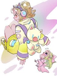 2girls animal_bag animal_ear_headphones animal_ears backpack bag blonde_hair blush bow cat_bag cat_ear_headphones cat_ears chibi coat covering_own_mouth dissidia_duellum_final_fantasy dissidia_final_fantasy dress eakanasu fake_animal_ears final_fantasy final_fantasy_v final_fantasy_vi flower full_body fur-trimmed_dress fur_trim hair_bow hair_flower hair_ornament hairclip headphones highres krile_mayer_baldesion_(ff5) long_hair looking_at_another multiple_girls official_alternate_costume orange_eyes parted_bangs pink_bow pink_dress pink_shoes ponytail shoes smile sneakers sweatdrop terra_branford terra_branford_(blossom_princess) violet_eyes x_hair_ornament yellow_coat 