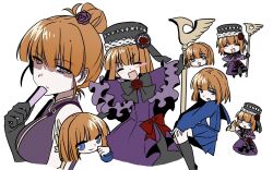  arm_tattoo black_bow black_gloves black_hat blue_eyes blue_sailor_collar blue_shirt blue_skirt blunt_bangs blush bow capelet chibi chibi_inset closed_eyes commentary_request dress dress_bow dual_persona elbow_gloves eva_beatrice fang flower gloves hair_bun hair_flower hair_ornament hand_fan hands_on_own_knees hat hat_flower head_only highres holding holding_staff looking_at_viewer multiple_views myiigoo open_mouth orange_hair purple_capelet purple_dress red_bow red_flower red_rose rose sailor_collar school_uniform shaded_face shirt skin_fang skirt staff sweatdrop tattoo umineko_no_naku_koro_ni ushiromiya_eva white_background 
