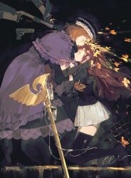  2girls absurdres black_gloves black_hat black_shirt black_thighhighs blunt_bangs bow bug butterfly capelet closed_eyes commentary_request dearldolese dress dress_bow elbow_gloves entangled eva_beatrice firing gloves gun hair_bobbles hair_ornament handgun hat highres intravenous_drip juliet_sleeves kiss kissing_forehead kneeling long_sleeves multiple_girls orange_hair puffy_sleeves purple_capelet purple_dress red_bow red_hair shirt shotgun skirt spoilers staff tearing_up thigh-highs twintails umineko_no_naku_koro_ni ushiromiya_ange weapon white_skirt yellow_butterfly 