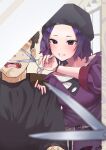  1boy 1girl blurry blurry_foreground blush faceless faceless_male forehead grin highres holding holding_scissors idolmaster idolmaster_shiny_colors looking_at_mirror mirror nyarotto parted_bangs pov producer_(idolmaster) purple_hair reflection scissors signature smile sweatdrop tanaka_mamimi violet_eyes 