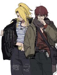  2boys alternate_costume asymmetrical_bangs bag belt_buckle black_eyeliner black_jacket blonde_hair blue_eyes bomb brown_scarf buckle chain chain_necklace cigarette crop_top deidara_(naruto) denim dog_tags explosive eyeliner glasses green_nails hair_over_one_eye hand_in_pocket high_ponytail highres holding holding_cigarette jacket jeans jewelry long_hair looking_at_viewer makeup male_focus multiple_boys naruto_(series) naruto_shippuuden necklace ntcke oversized_jacket pants plaid_clothes plaid_shirt ponytail red_eyes red_hair red_shirt sasori_(naruto) scarf shirt short_hair shoulder_bag simple_background sketch smoking striped_clothes striped_shirt torn_clothes torn_jeans torn_pants v-neck white_background 