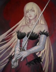  1girl absurdres blonde_hair breasts dress elbow_gloves feather-trimmed_dress feather-trimmed_gloves feather_trim gloves highres holding holding_sword holding_weapon kiss-shot_acerola-orion_heart-under-blade kizumonogatari long_hair looking_at_viewer medium_breasts monogatari_(series) organsmerti oshino_shinobu pointy_ears red_background red_dress ribbon slit_pupils solo standing strapless strapless_dress sword vampire weapon white_gloves wrist_ribbon yellow_eyes 