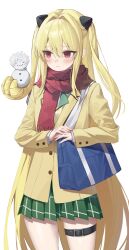  1girl absurdres aco_(aco_7313) bag blazer blonde_hair blush bow bowtie character_snowman closed_mouth commentary_request green_bow green_bowtie green_skirt hair_intakes hair_ornament highres jacket konjiki_no_yami leg_belt long_hair long_sleeves pleated_skirt prehensile_hair red_eyes red_scarf sainan_high_school_uniform scarf school_bag school_uniform simple_background skirt snowman solo standing thigh_strap to_love-ru two_side_up very_long_hair white_background winter_uniform yellow_jacket yuuki_rito 