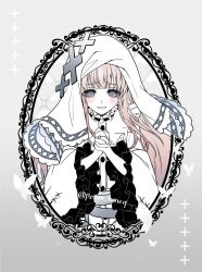  1girl artist_name bib_collar blonde_hair bug butterfly commentary_request cross cross_earrings cross_ornament dress earrings frilled_dress frilled_sleeves frills furrowed_brow gloves grey_eyes hikami_meruru indoors interlocked_fingers jewelry long_hair long_sleeves mahou_shoujo_no_majo_saiban own_hands_clasped own_hands_together peron_roneq priestess signature solo tearing_up twitter_username upper_body veil white_background white_butterfly white_dress white_gloves white_veil wide_sleeves 