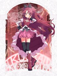 1girl :o above-cleavage_cutout artist_name black_bow black_vest black_wrist_cuffs boots bow clothing_cutout crossed_legs dress elbow_gloves full_body gloves hair_bow hand_on_own_cheek hand_on_own_face hand_on_own_hip highres light_blush long_hair looking_at_viewer magical_girl mahou_shoujo_madoka_magica mahou_shoujo_madoka_magica:_walpurgis_no_kaiten open_mouth ponytail puffy_short_sleeves puffy_sleeves red_boots red_dress red_eyes red_hair red_skirt sakura_kyoko sakura_kyoko_(magical_girl) serizawa_serizane short_sleeves skirt skirt_under_dress solo soul_gem_(madoka_magica) standing thighhighs thighs vest watermark wrist_cuffs