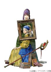  2girls abe_tsukasa absurdres alternate_eye_color artist_collaboration blue_eyes blue_turban book book_stack copyright_notice cosplay dress earrings east-west_crossover elf fern_(sousou_no_frieren) fine_art_parody frieren from_side girl_with_a_pearl_earring green_background green_dress grey_hair highres holding holding_picture_frame jewelry johannes_vermeer_(style) lipstick long_eyelashes long_pointy_ears looking_at_viewer mage_staff makeup multiple_girls official_art open_mouth parody parted_bangs parted_lips pearl_earrings picture_frame pink_lips pointy_ears portrait portrait_(object) sidelocks simple_background sitting sousou_no_frieren staff standing suitcase teeth thick_eyebrows turban two-tone_turban upper_body upper_teeth_only very_long_ears white_background white_hair yellow_turban 