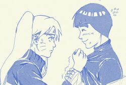  1boy 1girl anger_vein bandaged_hand bandages blunt_bangs blush bowl_cut bruise bruise_on_face closed_eyes clothes_grab facial_mark frown furrowed_brow genderswap genderswap_(mtf) grabbing_another's_shirt headband hetero holding_another's_wrist injury jacket konohagakure_symbol long_hair looking_at_another monochrome naruko_(naruto) naruto_(series) naruto_shippuuden rock_lee short_hair smile sweatdrop thanhvy0231 thick_eyebrows twintails upper_body uzumaki_naruto whisker_markings 