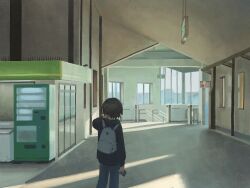  1girl backpack bag black_jacket ceiling cellphone commentary exit_sign facing_away floor hand_on_own_neck highres holding holding_phone indoors jacket muji_(uimss) original phone railing scenery smartphone solo standing vending_machine window 