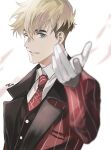  1boy black_hair black_vest blonde_hair blue_eyes collared_shirt formal gloves hand_up highres jacket long_sleeves male_focus mole mole_under_eye necktie one_eye_closed parted_lips red_jacket red_necktie red_suit shirt short_hair smile solo striped striped_jacket suit trigun trigun_stampede tte_(t_ombi) undercut upper_body vash_the_stampede vest white_background white_gloves white_shirt 