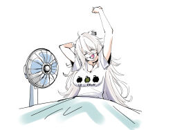  1girl animal_ear_piercing animal_ears arms_behind_back black_choker breasts choker closed_eyes commentary_request electric_fan fang grey_hair highres hololive large_breasts lion_ears lion_girl messy_hair open_mouth shirt shishiro_botan simple_background skin_fang solo stretching under_covers usukimibilly88 virtual_youtuber waking_up white_background white_shirt yawning 