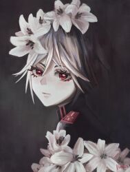  1girl ariane_yeong closed_mouth commentary dark_background english_commentary flower grey_hair hair_flower hair_ornament highres kofecs military_rank_insignia military_uniform red_eyes short_hair signalis solo upper_body white_flower white_hair 