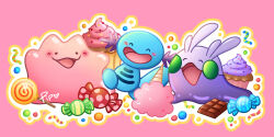  antennae blob candy chocolate chocolate_bar cotton_candy cupcake ditto food goomy happy highres lollipop no_humans open_mouth pink_background pokemon pokemon_(creature) pokemon_focus princepipper slug solid_circle_eyes tail wooper 