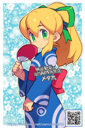  1girl blonde_hair blue_background blush border closed_mouth commentary_request floral_background green_eyes hand_fan high_ponytail holding holding_fan japanese_clothes kimono long_hair looking_at_viewer mega_man_(series) metata paper_fan ponytail qr_code roll_(mega_man) smile solo uchiwa web_address white_border yukata 