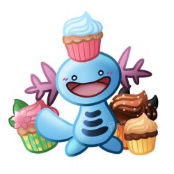  :d black_eyes blue_skin colored_skin cupcake flower food no_humans open_mouth pink_flower pokemon pokemon_(creature) pokemon_focus princepipper smile solo standing tail wooper 