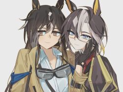  2girls animal_ears black_gloves blue_eyes brown_eyes brown_hair coat collared_shirt colored_inner_animal_ears dream_journey_(reminder_of_dreamland)_(umamusume) dream_journey_(umamusume) ear_covers eyewear_on_head feather_hair_ornament feathers glasses gloves goggles goggles_around_neck gradient_hair grey_coat hair_between_eyes hair_ornament hand_on_another's_cheek hand_on_another's_face horse_ears horse_girl jacket long_hair looking_at_viewer mismatched_ear_covers multicolored_hair multiple_girls puff_and_slash_sleeves puffy_sleeves red_shirt semi-rimless_eyewear shirt side_part signature simple_background single_hair_intake smile starseichan stay_gold_(sunlit_outsider)_(umamusume) stay_gold_(umamusume) straight-on streaked_hair umamusume under-rim_eyewear upper_body white_background white_shirt white_streaks yellow_jacket 