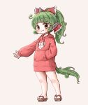  1girl :3 arinu barefoot blush bow closed_mouth full_body geta green_eyes green_hair hair_bow highres hood hoodie horns komano_aunn long_hair long_sleeves red_bow red_hoodie single_horn smile solo touhou 