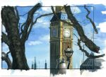  absurdres aerial_(aerial_30) blue_sky border building clouds cloudy_sky elizabeth_tower highres lamppost london no_humans original painting_(medium) plant rooftop sky tower traditional_media tree white_border 