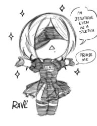 1girl 2b_(nier:automata) artist_name black_dress black_gloves black_hairband black_thighhighs blindfold boots breasts chibi chibi_only clothing_cutout covered_eyes dress english_text gloves greyscale hairband highres invisible_floor juliet_sleeves leotard long_sleeves mole mole_under_mouth monochrome nier:automata nier_(series) praise_the_sun puffy_sleeves rave_vii short_hair sketch solo speech_bubble standing thigh-highs triangle_mouth white_hair 