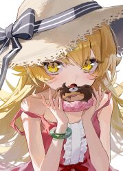  1girl absurdres bakemonogatari blonde_hair blush chinese_commentary commentary_request doughnut dress fang food hair_between_eyes hat highres holding holding_food long_hair looking_at_viewer monogatari_(series) nuru_(nuruffle_0720) open_mouth oshino_shinobu pink_dress pointy_ears sleeveless sleeveless_dress solo straw_hat sun_hat very_long_hair yellow_eyes 