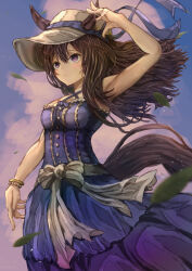  1girl animal_ears arm_up bangle blue_dress blush bracelet brown_hair commentary_request covered_armpit dress dusk falling_leaves hat highres horse_ears horse_girl horse_tail jewelry leaf long_hair mejiro_dober_(sapphire_sojourn)_(umamusume) mejiro_dober_(umamusume) parted_lips solo sun_hat tail tsetainsu umamusume violet_eyes white_hat 