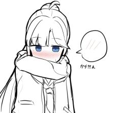  1girl ahoge anyoji_hime blue_eyes blush commentary_request highres hisho_(rythm_hisho) jacket long_hair looking_at_viewer love_live! love_live!_hasu_no_sora_jogakuin_school_idol_club multi-tied_hair nose_blush open_clothes open_jacket ponytail scarf scarf_over_mouth solo spoken_blush translation_request virtual_youtuber 
