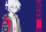  1boy blue_background brown_eyes closed_mouth danganronpa_(series) danganronpa_2:_goodbye_despair dated green_jacket grey_hair highres hood hood_down hooded_jacket jacket komaeda_nagito open_clothes open_jacket pale_skin print_shirt rocaca shirt short_hair solo upper_body white_shirt 