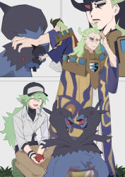  2boys :d anger_vein black_hat brown_pants closed_eyes closed_mouth collared_shirt deino_(pokemon) ghetsis_(pokemon) grass green_hair green_shoes hand_up hat highres holding holding_poke_ball kneeling logo long_hair male_focus multiple_boys n_(pokemon) open_mouth pants poke_ball poke_ball_(basic) pokemon pokemon_(creature) pokemon_black_and_white sakai_so2 shirt shoes smile sweatdrop team_plasma undershirt wristband zweilous 