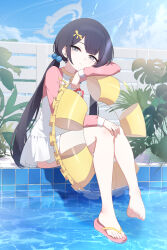  1girl absurdres black_hair blonde_hair blue_archive closed_mouth commentary_request day dress dress_swimsuit flip-flops flower_pin full_body grey_eyes grey_halo hair_bobbles hair_ornament hair_ribbon halo head_rest highres holding holding_swim_ring innertube kisaki_(blue_archive) kisaki_(kindergarten_swimsuit)_(blue_archive) kuroida long_hair long_sleeves looking_at_viewer low_twintails name_tag one-piece_swimsuit outdoors paid_reward_available partial_commentary pink_one-piece_swimsuit pink_sleeves pool poolside raglan_sleeves ribbon sandals shoes single_bare_foot single_sandal single_shoe sitting solo swim_ring swimsuit swimsuit_skirt toes twintails white_dress white_one-piece_swimsuit 