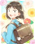  1girl :d absurdres backpack bag blush border brown_bag brown_eyes brown_hair commentary_request flower green_jacket highres holding_strap iwakura_mitsumi jacket looking_at_viewer medium_hair multicolored_background open_mouth pe_cippe skip_to_loafer smile solo tongue upper_body white_border 