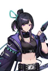 1girl aqua_gloves aqua_jacket aqua_ribbon asymmetrical_bangs belt belt_buckle black_gloves black_hair black_shirt black_survival blue_shirt blunt_bangs breasts buckle closed_mouth crop_top cropped dagger double-breasted eternal_return:_black_survival eyelashes eyeshadow fishnets game_asset gloves hair_intakes hair_ribbon holding holding_dagger holding_weapon jpeg_artifacts katana looking_at_viewer lowres mole mole_under_eye navel o-ring o-ring_belt official_art open_clothes open_jacket pants ponytail purple_eyes purple_gloves purple_hair purple_jacket purple_pants purple_shirt red_eyeshadow ribbon sidelocks tsubame_(black_survival) turtleneck turtleneck_shirt upper_body v-shaped_eyebrows zipper