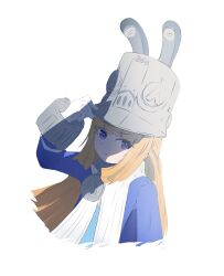  1girl arm_up blonde_hair blue_jacket closed_mouth commentary gloves grey_hat grey_helmet hand_on_headwear hat helmet highres jacket large_hat long_hair looking_at_viewer muuta568500 norma_hollowell shako_cap simple_background solo upper_body violet_eyes white_background white_gloves zenless_zone_zero 