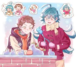  2boys :3 :d :q antenna_hair bandana black_jacket blue_background blush border bow breath brick_wall brown_eyes brown_hair brown_pants checkered_bandana chibi chibi_inset chomm_cya closed_eyes closed_mouth coat colored_shadow commentary_request cowboy_shot cup double-parted_bangs drop_shadow duffel_coat ensemble_stars! flipped_hair food gradient_background green_bandana green_hair grey_background hair_between_eyes hair_intakes heart heart_in_mouth highres hojo_raika holding holding_cup hood hooded_jacket hot_chocolate jacket korean_commentary leaf long_hair looking_at_object looking_down male_focus marshmallow mittens multicolored_jacket multiple_boys open_clothes open_jacket orange_mittens orange_sweater pants pink_background pink_mittens pocket puff_of_air red_coat red_eyes scarf scarf_bow shadow short_bangs short_hair smile snow snow_angel snow_animal snow_rabbit snowflakes snowing snowman sweater tenma_mitsuru tongue tongue_out two-tone_jacket unicorn v-shaped_eyebrows very_long_hair very_short_hair white_border winter winter_clothes wolf_cut yellow_jacket yellow_scarf 