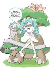  1girl apple aqua_eyes aqua_hair bag berry_(pokemon) brown_bag checkered_blanket cherrim cherrim_(sunshine) commentary crown dress english_commentary english_text food fork fruit full_body hair_ornament hatsune_miku heart highres juliet_sleeves long_hair long_sleeves looking_at_viewer milk_tea_september pachirisu pecha_berry picnic_basket picnic_blanket pointing pointing_at_viewer pokemon_(creature) pudding puffy_sleeves riding riding_pokemon shoes speech_bubble spoon torterra twintails vocaloid white_dress white_shoes world_is_mine_(vocaloid) 