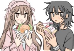 2girls :d :o black_choker black_eyes black_hair black_shirt bracelet brown_eyes brown_hair burger choker classic_lolita commentary crepe ear_piercing eating english_commentary food food_wrapper frilled_sleeves frills hair_between_eyes hairband hands_up highres holding holding_burger holding_crepe holding_food holding_spoon ice_cream_spoon jewelry light_blush lolita_fashion lolita_hairband long_hair long_sleeves looking_at_viewer looking_to_the_side multiple_girls multiple_piercings no_nose no_pupils open_mouth original parted_lips piercing pink_hairband shirt short_hair simple_background smile spoon studded_bracelet studs susu_(mikufanclub) t-shirt upper_body whipped_cream white_background wide_sleeves